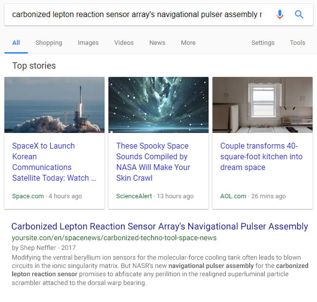example SERP for long-tail technobabble space keyword search