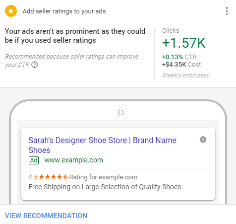 adwords seller ratings recommendation screenshot